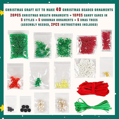 Christmas Crafts for Kids Adults Families, Beaded Ornament Kit to Make Wreath/Candy Cane/Xmas Tree/Snowman, Holiday Decorations Party Supplies, 40 Pieces