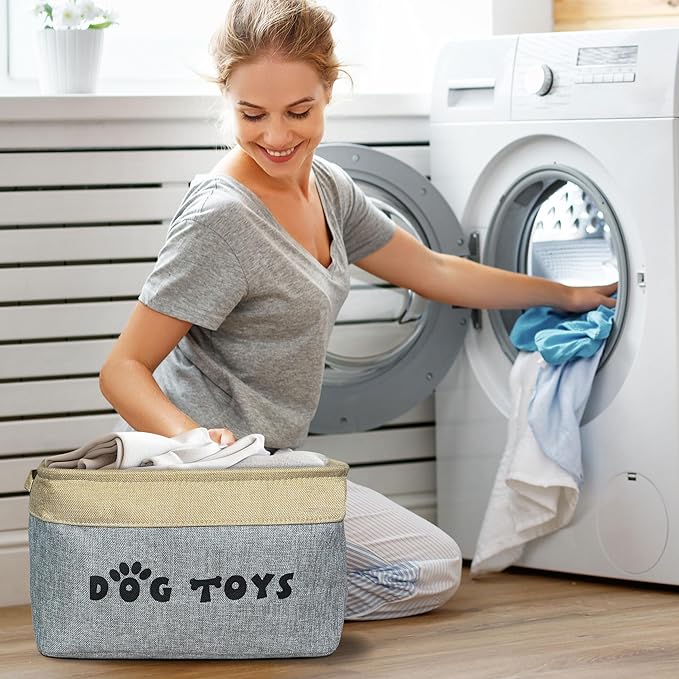 PET ARTIST Dog Toy Basket, Collapsible Dog Toy Bin Box with Comfortable Handles, Large Pet Toy Storage Basket Organizer for Accessories, Toys, Coat & Clothing, Blanket & Leash, Gray, 15"x11"x9"