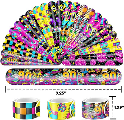 48PCS 90s & 80s Party Favors - 24PCS Tattoos & 24PCS Slap Bracelets, Retro 90s Birthday Party Supplies Decorations, Ideal for Kids’ Classroom Prizes & Rewards for Boys & Girls