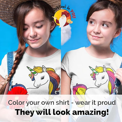 Coloring Shirt Kit for Girls with 10 Fabric Markers and Alphabet Stencil - DIY Arts and Crafts, Unicorn, Mermaid and Birthday Girl