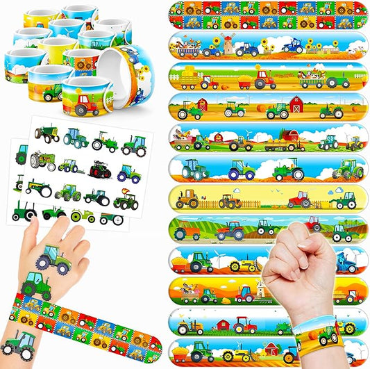 48PCS Tractor Party Favors - 24PCS Tattoos & 24PCS Slap Bracelets - Farm-Themed Birthday Supplies, Green Tractor Decorations, Classroom Prizes, Gifts for Boys & Girls