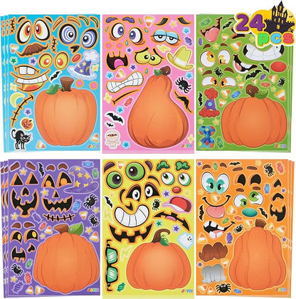 JOYIN 24 Pcs Halloween Pumpkin Decorating Stickers, Party Favor for Kids, Halloween Art Crafts Party Supplies, Pumpkin Face Sticker with 8 Designs, Halloween Treats Classroom Activities Games