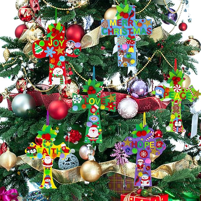 Winlyn 24 Sets Christmas Craft Kits DIY Christmas Cross Ornaments Decorations Art Sets Snowman Snowflake Christmas Foam Stickers Arts and Crafts for Kids Party Classroom Sunday School VBS Activities