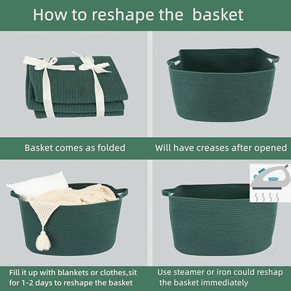 XUANGUO Large Rectangle Blankets Basket Living Room 22"x17"x12" Woven Cotton Rope Storage Basket for Nursery Toy Baskets for Kids and Dogs Wicker Laundry Baskets Bin for Clothes Towels dark green