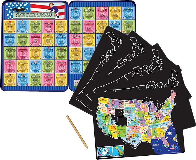 Bendon TS Shure Educational Scratch-A-Doodle United States USA Geography Learning Tin with 5 Scratchboards and Wooden Stylus 51474