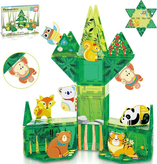 PicassoTiles Magnet Tile Building Blocks Forest Animal Theme Toy Set with 8 Character Action Figures Educational STEM Learning Construction Kit Pretend Play Magnetic Tiles Preschool Kids Ages 3+ PTQ16