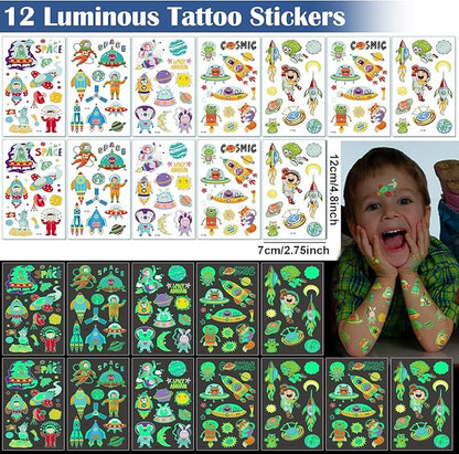 Golray 84pcs Space Party Favors Box Stress Balls Glow In Dark Tattoos Stamp Necklace Toy Gift for Boy Kids Galaxy Birthday Party Supplies Stuffer Treat Gift Goodie Bag Filler