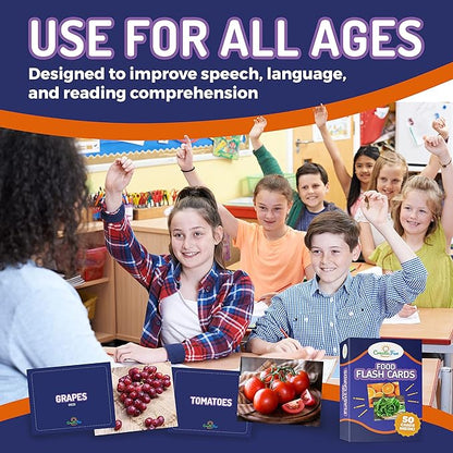 50 Food Double Sided Flash Cards - Nutritious Fruits, Heathly Vegetables, Yummy Desserts & Snacks - Educational Learning Picture Cards for Kids, Adults, Speech Therapy, ESL, ABA, Autism, Dementia