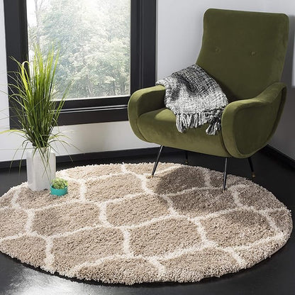SAFAVIEH Hudson Shag Collection 9' Round Beige/Ivory SGH280S Moroccan Ogee Trellis Non-Shedding Living Room Bedroom Dining Room Entryway Plush 2-inch Thick Area Rug