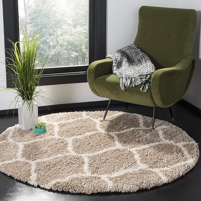 SAFAVIEH Hudson Shag Collection 5' Round Beige/Ivory SGH280S Moroccan Ogee Trellis Non-Shedding Living Room Bedroom Dining Room Entryway Plush 2-inch Thick Area Rug