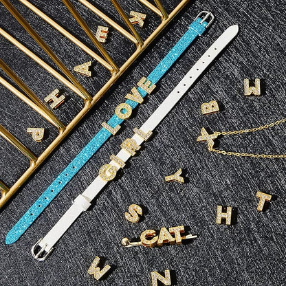 104 Pieces 8 mm Full Rhinestones Slide Alphabet Letters A-Z DIY Letters Charm for Wristbands Bracelets Necklace Choker Jewelry Making Charms Supplies, Gold