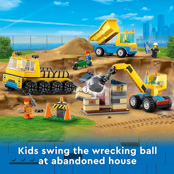LEGO City Construction Trucks and Wrecking Ball Crane 60391 Building Toy Set for Toddler Kids Ages 4+, Includes 3 Construction Vehicles, an Abandoned House and 3 Minifigures for Pretend Play