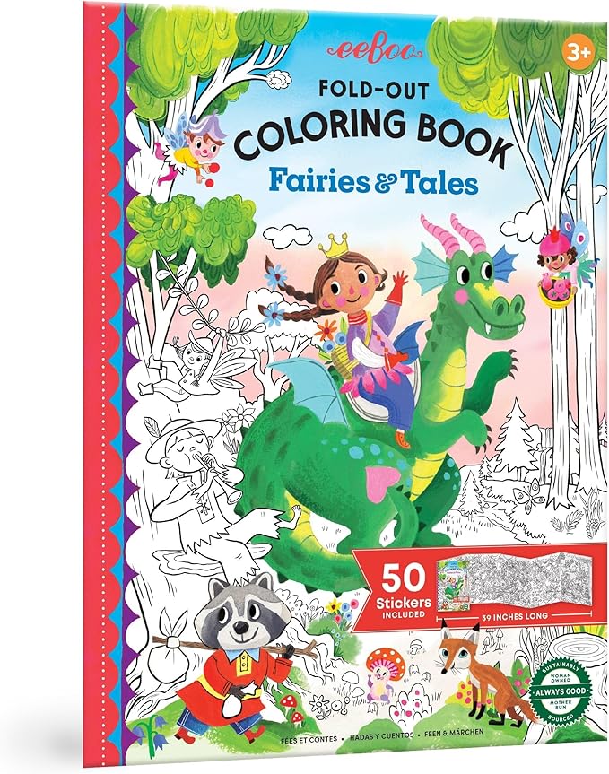 eeBoo: Fairies & Tales Fold-Out Coloring Book with Stickers, Includes 50 Full-Color Stickers, Folds Out for 39" of Coloring, Kids Activity Ages 3+