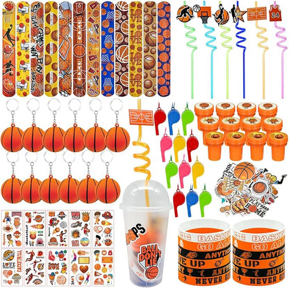 146 Pcs basketball Party Favors, Sports Party Supplies with Cup Straw Basketball Keychain Tattoo Sticker Slap Bracelet Whistle Treat Bag Fillers for Classroom Rewards Birthday Party (Basketball)