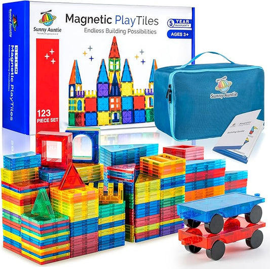 Magnetic Tiles 123 PCS + Zippered CASE, Magnetic Tiles for Kids Toy for 3 4 5 6 7 8 Year Old Boys & Girls, Great Gift for Kids Aged 3-8