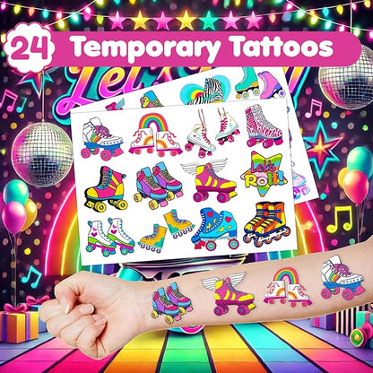 48PCS Roller Skate Party Favors - 24PCS Tattoos & 24PCS Slap Bracelets - Retro 60s & 80s Birthday Supplies, Decorations, Gifts, Classroom Prizes for Boys & Girls