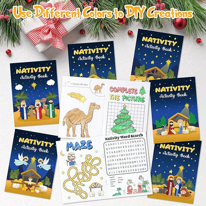 Nativity Activity Books for Kids - 24Pcs Christmas Mini Games Coloring Book Set Bulk Mazes Word Search Word Scramble Games for Xmas Holiday Party Goodie Bags Stuffers Sunday School Classroom Favors