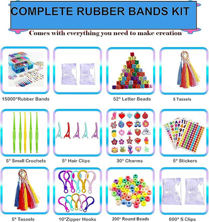 YITOHOP 15000+ Loom Rubber Bands Bracelet Kit, Rubber Bands for Bracelet Making Kit,Loom Bracelet Making Kit with 3 Layer Container,30 Colors,380 Beads, Charms Hooks Tools