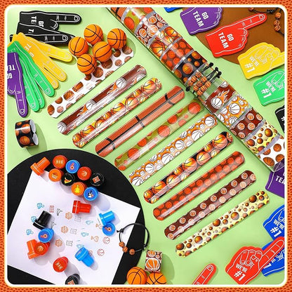 Aoriher 120 Pcs Basketball Sports Party Favors Set Serve 24, Basketball Goodie Bulk Foam Finger Mini Stress Ball Slap Bracelet Charm Bracelet Stamp for Girl Boy Kids Basketball Theme Party Supplies
