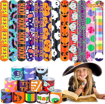JOYIN 120 PCS Halloween Slap Bracelets Party Favors for Kids - 24 Designs Bracelets for Halloween Decorations, Halloween Treat Bag Stuffers, Non-candy Gift
