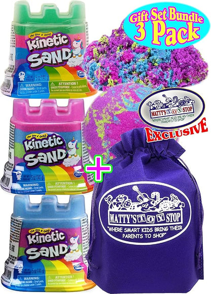 Kinetic Sand Rainbow Modeling Sand 5oz. Unicorn Castle Containers Gift Set Party Bundle with Bonus Matty's Toy Stop Storage Bag - 3 Pack