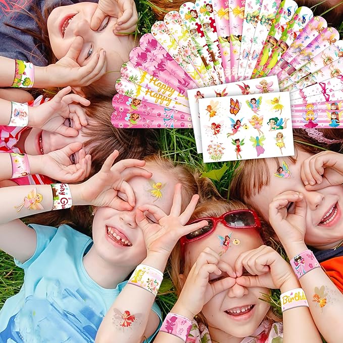 48PCS Fairy Party Favors - 24 Tattoos & 24 Slap Bracelets, Ideal for Fairy-Themed Birthdays, Baby Showers, and Classroom Rewards for Kids