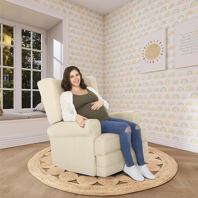 Melbourne Upholstered Seating Wing Back Glider Swivel, Nursery Glider Chair in Shell, Greenguard Gold Certified Modern Nursery Recliner with a Bonus Pillow, Tool-Free Assembly, Easy to Clean