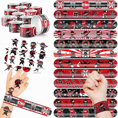 48PCS Ninja Party Favors - 24PCS Tattoos & 24PCS Slap Bracelets - Ninja Birthday Party Supplies, Samurai Baby Shower Decorations, Gifts, Classroom Prizes for Boys & Girls