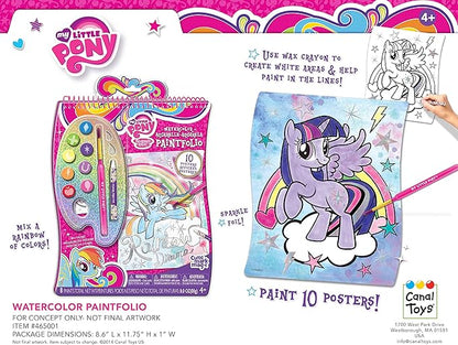 Canal Toys USA Ltd Sparkling Watercolor Pony Posters Kit - 10 Posters, 8 Shimmer Colors, Brush & Wax Crayon - Kids Art Set with Metallic Foil Accents