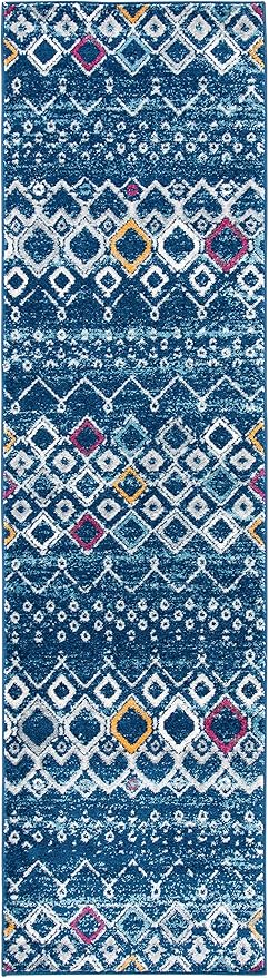 SAFAVIEH Amsterdam Collection Runner Rug - 2'3" x 14', Navy & Turquoise, Moroccan Boho Design, Non-Shedding & Easy Care, Ideal for High Traffic Areas in Living Room, Bedroom (AMS108M)