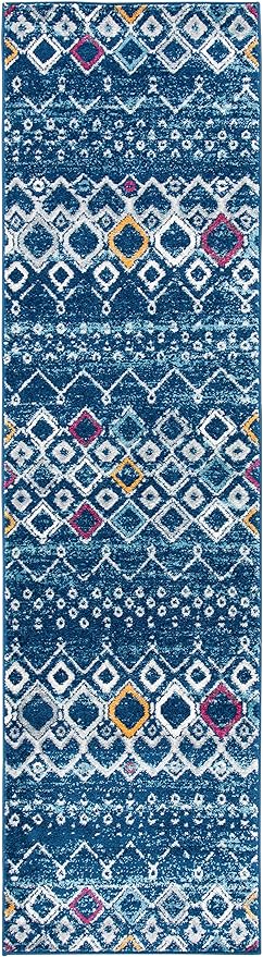 SAFAVIEH Amsterdam Collection Runner Rug - 2'3" x 10', Navy & Turquoise, Moroccan Boho Design, Non-Shedding & Easy Care, Ideal for High Traffic Areas in Living Room, Bedroom (AMS108M)