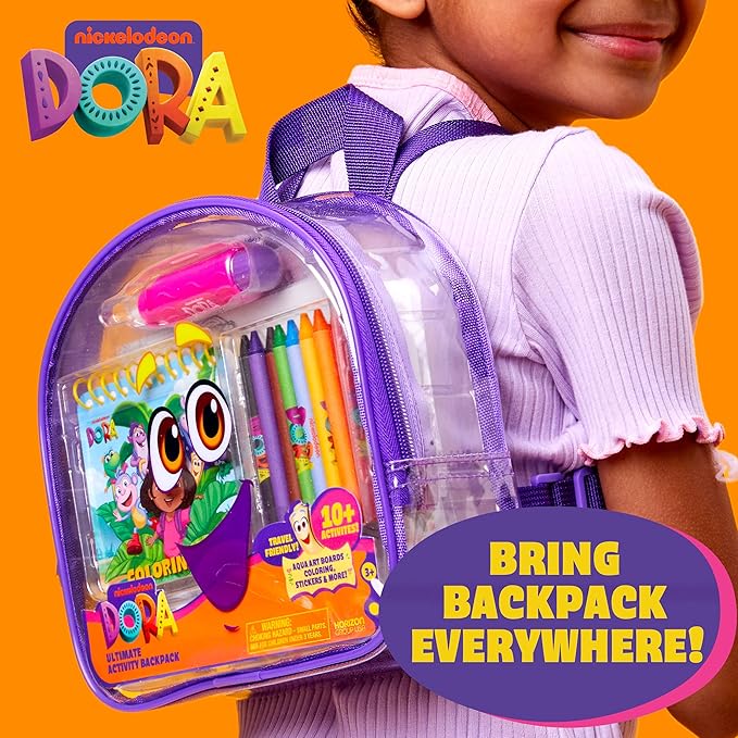 Horizon Group USA Dora Ultimate Activity Backpack, 10+ Creative Projects in a Reusable Bag, Less-Mess Toddler Toys, Road Trip Essentials for Kids, Great Airplane Toy, Dora Purple