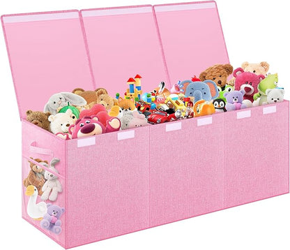 Mabahoo Extra Large Toy Box, Toybox for Kids Boys Girls, Collapsible Sturdy Toy Storage Organizer with Mesh Pockets, 40"x14"x16" Kids Storage Boxes Bins Baskets for Nursery, Playroom, Pink