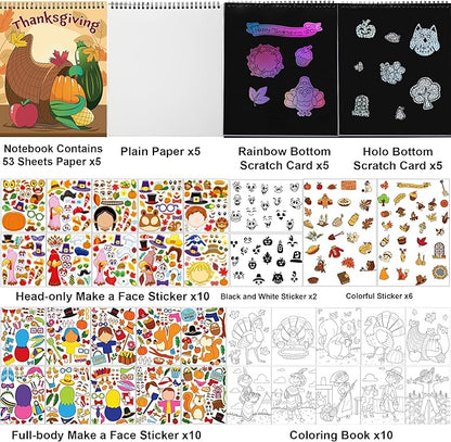 JOYIN 53 Sheets Thanksgiving Crafts Notebook with 20 Make-a-face Make A Turkey Stickers, 10 Coloring Book, 10 Scratch Cards, 5 Plain Paper and 8 Stickers Thanksgiving Party Favor Classroom Gifts