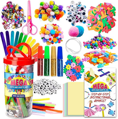 Dragon Too Mega Kids Crafts and Art Supplies Jar Kit - 1000+ Piece Set - Instructional Booklet Included - Revised Glitter Glue, Construction Paper, Popsicle Sticks, Googly Eyes, Pipe Cleaners