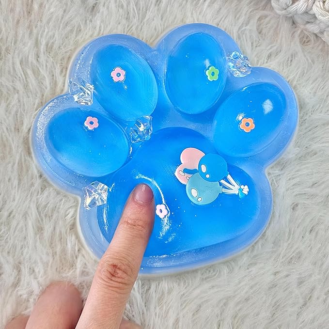 Big Taba Squishy Cat Paw, 5 in Large Paw Squeeze Toy Glittering Blue & White for Stress Relief and Relax, Sticky Squishies Fidget Toys for Party Favors Novelty Things Birthday Gift