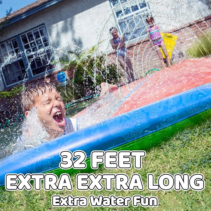 JAMBO 32FT Extra Extra Long Slip Splash and Slide, 2 Bodyboards, Heavy Duty Water Slide with Inflatable Crash Pad, Double Lane Slip Slides, Outdoor Backyard Water Slides n Toys for Kids