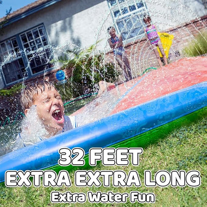 JAMBO 32FT Extra Extra Long Slip Splash and Slide, 2 Bodyboards, Heavy Duty Water Slide with Inflatable Crash Pad, Double Lane Slip Slides, Outdoor Backyard Water Slides n Toys for Kids