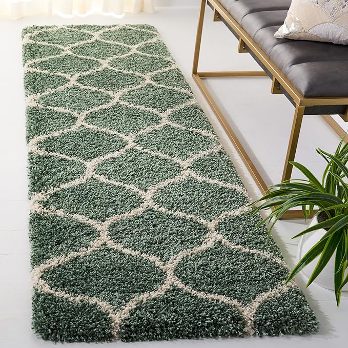 Safavieh Hudson Shag Collection Runner Rug - 2'3" x 8', Light Green & Ivory, Trellis Design, Non-Shedding & Easy Care, 2-inch Thick Ideal for High Traffic Areas in Living Room, Bedroom (SGH280X)