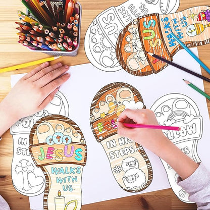Dvbonike 24Pcs Sunday School Crafts for Kids Color Your Own Jesus Walks with Us Craft Kit Christian Religious Footprint Coloring Card DIY Drawing Party Gifts VBS Home Classroom Art Activity Supplies