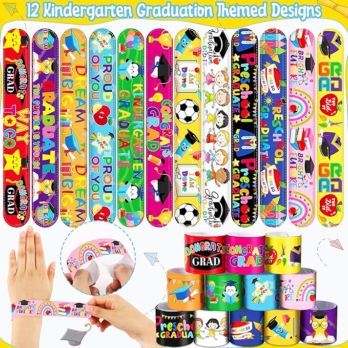 JUNEBRUSHS 56Pcs Kindergarten Graduation Slap Bracelets, Colorful Congrats Grad Bracelets Wristbands Kindergarten Graduation Gifts for Kids Preschool Kindergarten Graduation Party Favors Supplies
