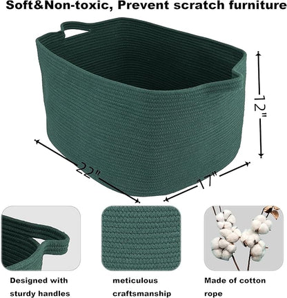 XUANGUO Large Rectangle Blankets Basket Living Room 22"x17"x12" Woven Cotton Rope Storage Basket for Nursery Toy Baskets for Kids and Dogs Wicker Laundry Baskets Bin for Clothes Towels dark green