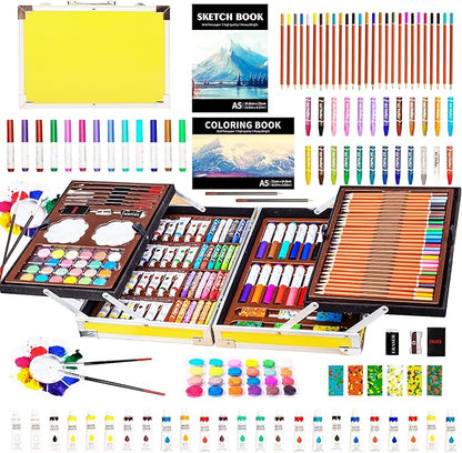 KINSPORY Art Supplies, 139 Pack Painting Drawing Art Kit with 2 Sketch Pads, Deluxe Double Layers Art Set Crafts, Colored Pencils, Oil Pastels, Watercolor Paints, Gift for Artists Kids (Yellow)