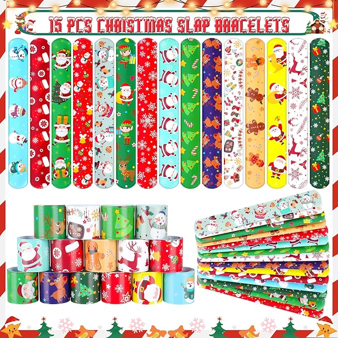 Christmas Party Favors 87 PCS Christmas Squishy Toys Slap Bracelets LED Rings Plastic Stamps Silicone Bracelets DIY Stickers Gift Bags for Kids Christmas Party Gift Exchange Goodie Bags Fillers