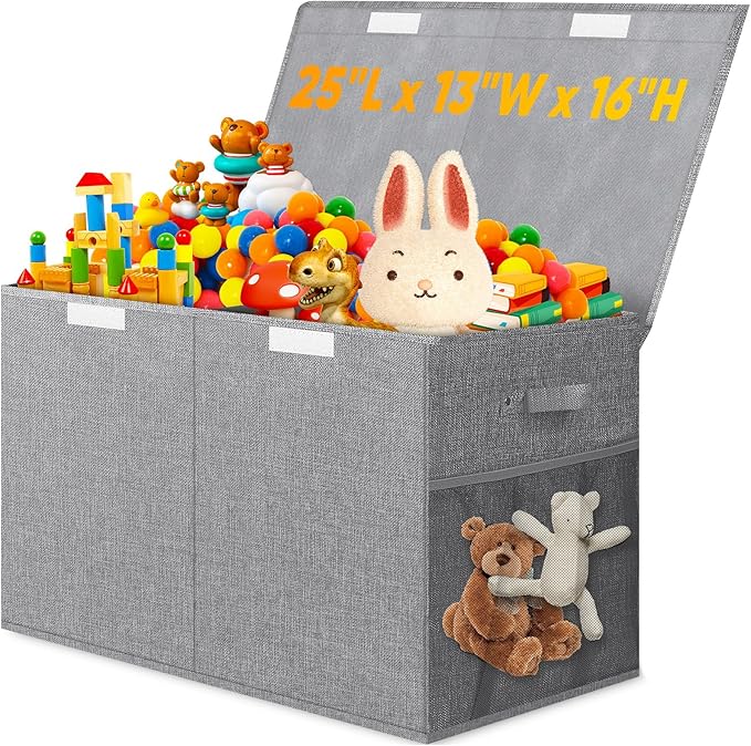 Rocamdo Large Toy Storage Box with Lid Divider, Sturdy Collapsible Toys Organizer Chest Kids Storage Bins Boxes Baskets for Boys, Girls, Nursery, Bedroom, Living Room, Playroom, 25"x13"x16", Gray