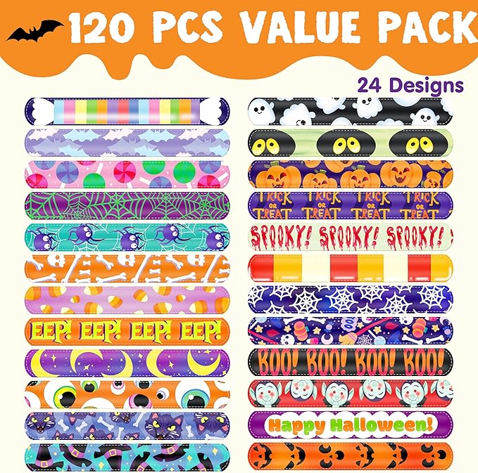JOYIN 120 PCS Halloween Slap Bracelets Party Favors for Kids - 24 Designs Bracelets for Halloween Decorations, Halloween Treat Bag Stuffers, Non-candy Gift