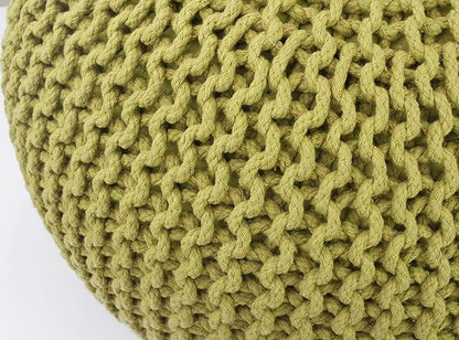 COTTON CRAFT - Hand Knitted Cable Style Dori Pouf - Green - Floor Ottoman - Cotton Braid Cord - Handmade & Hand Stitched - Truly one of a Kind Seating - 20 Dia x 14 High