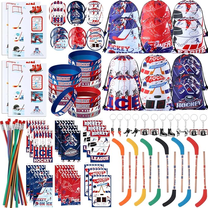 Paterr 102 Pcs Hockey Party Favor Supplies Set Include Hockey Drawstring Bags Silicone Bracelets Badge Buttons Spiral Notebooks Hockey Pencils and Erasers Bookmarks and Stickers for Hockey Gifts
