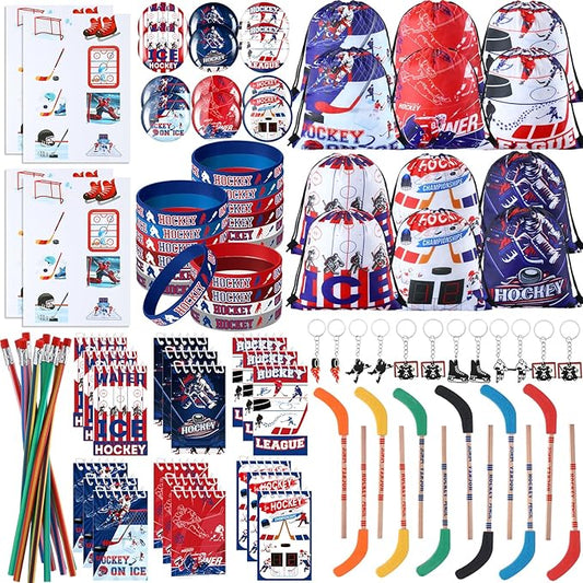 Paterr 102 Pcs Hockey Party Favor Supplies Set Include Hockey Drawstring Bags Silicone Bracelets Badge Buttons Spiral Notebooks Hockey Pencils and Erasers Bookmarks and Stickers for Hockey Gifts