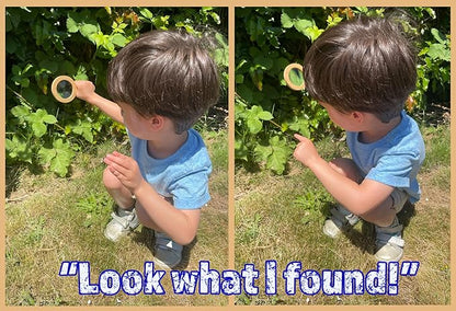 Adventure Set - 2X Wood Magnifying Glass for Kids with 4 Pictures - Wooden Montessori Toy - Learn and Explore